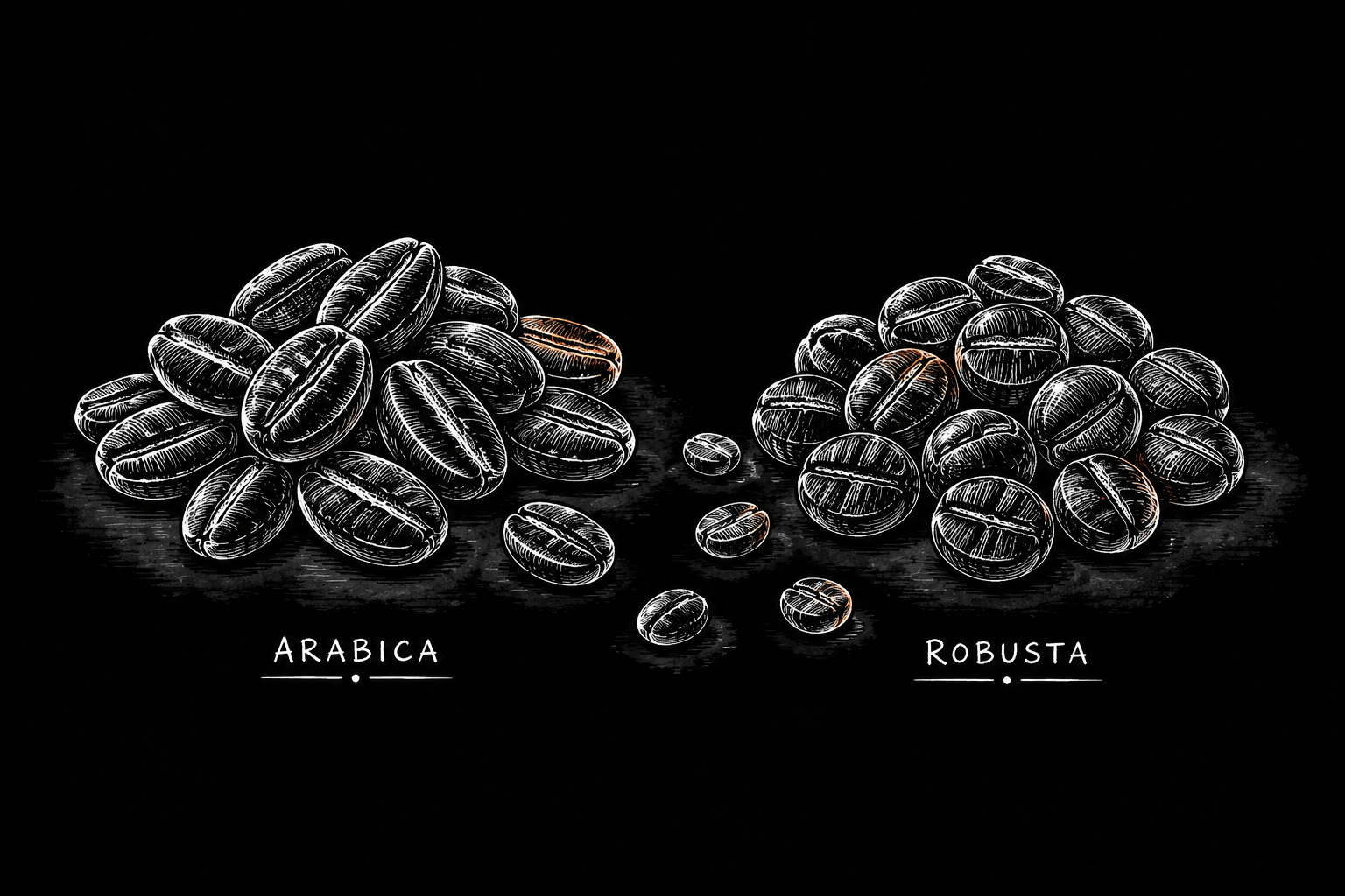 Arabica- und Robusta-Kaffeebohnen im direkten Vergleich
