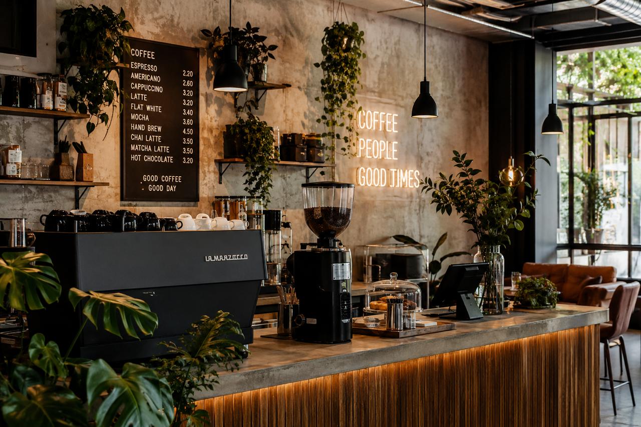 Stilvolle Café-Theke mit La Marzocco Espressomaschine, Mühle und Pflanzen